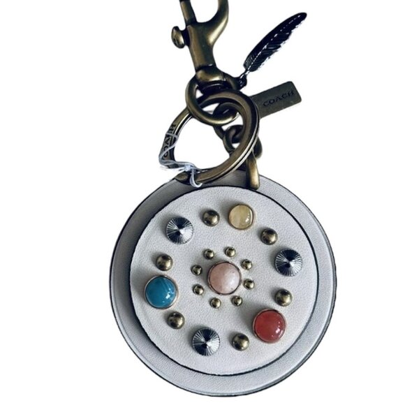Coach Multi Colored Stones w/ Feather Round Bag Charm Key Fob HTF - Picture 1 of 6